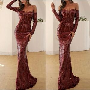 Elegant beaded gown with details, shimmering beautifully with every step.